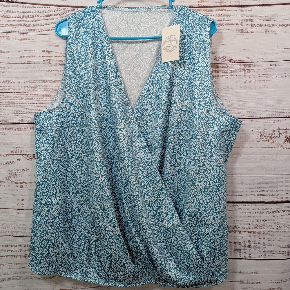 Floral Blooming Turquoise White Flowers V-neck Sleeveless Blouse Size 2XL NWT